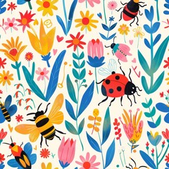 seamless pattern of friendly bugs with colorful flowers