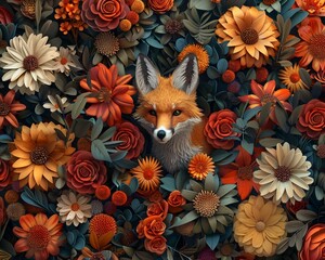 A bouquet of 3D flowers in various shades, surrounded by foliage, with a small, curious fox peeking through, 3D, Bright colors, Realistic textures