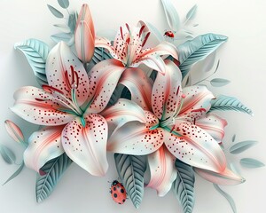 A cluster of elegant 3D lilies with detailed leaves, with a ladybug crawling on one of the petals, 3D, Vibrant tones, Fine detail