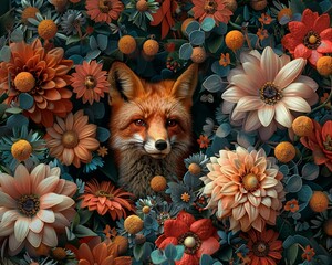 A bouquet of 3D flowers in various shades, surrounded by foliage, with a small, curious fox peeking through, 3D, Bright colors, Realistic textures