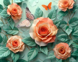 Colorful 3D roses with lush green leaves, accompanied by a delicate butterfly perched on a petal, 3D, Soft gradients, Intricate detail