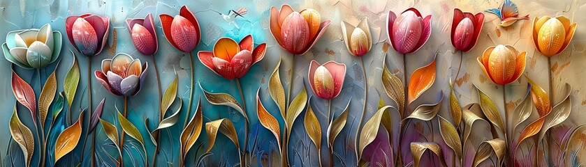 A mix of 3D tulips in bright colors with intricate leaves, with a bird perched on a stem, 3D, Vivid tones, Detailed textures