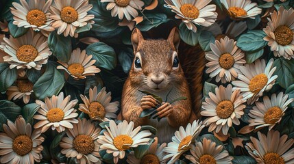 Colorful 3D daisies with green leaves, featuring a playful squirrel holding a flower, 3D, Soft pastels, Realistic details