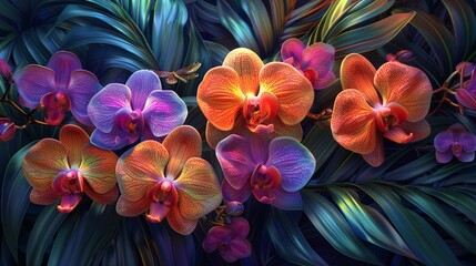 Stunning 3D orchids in rich colors with lush leaves, accompanied by a gracefully flying dragonfly, 3D, Deep hues, High definition