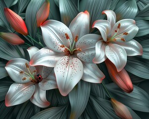 A cluster of elegant 3D lilies with detailed leaves, with a ladybug crawling on one of the petals, 3D, Vibrant tones, Fine detail