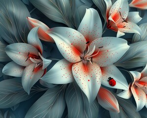 A cluster of elegant 3D lilies with detailed leaves, with a ladybug crawling on one of the petals, 3D, Vibrant tones, Fine detail