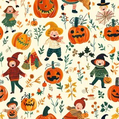 seamless pattern of vibrant pumpkin patch with happy children playing