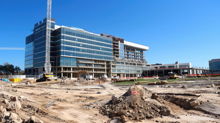 Fototapeta premium Large-Scale Construction Project Under Clear Blue Sky