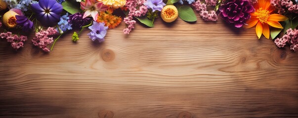 Floral Border on Wood, A charming and colorful floral arrangement adorning the top edge of a rustic wooden background.