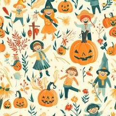 seamless pattern of vibrant pumpkin patch with happy children playing