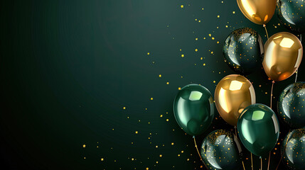 Deep green and gold balloons with deep green background and confetti wallpaper for birthday card, greeting card, celebration, anniversary.
