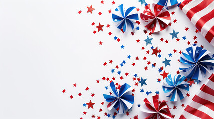 Fototapeta premium pinwheel paper with American flags motif and decorative in white background, blank space for text. Greeting card for American independence day.