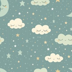 seamless night sky pattern with whimsical stars, clouds, and crescent moon