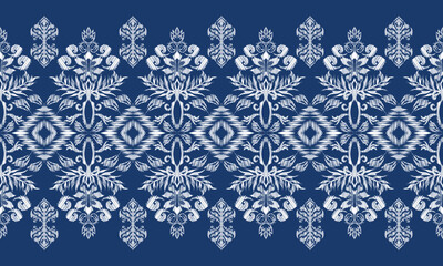 Hand draw Ikat floral paisley embroidery.Ikat ethnic oriental pattern traditional.Aztec style abstract vector illustration.blue background.great for textiles, banners, wallpapers.
