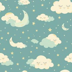 seamless night sky pattern with whimsical stars, clouds, and crescent moon