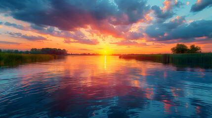 An ultra HD view of a nature river at sunrise, the sky and water glowing with vibrant colors