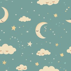 Naklejka premium seamless night sky pattern with whimsical stars, clouds, and crescent moon