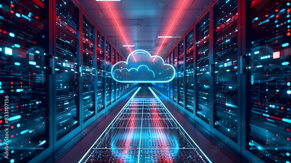 Poster futuristic cloud computing infrastructure with secure virtual servers and high performance data cent