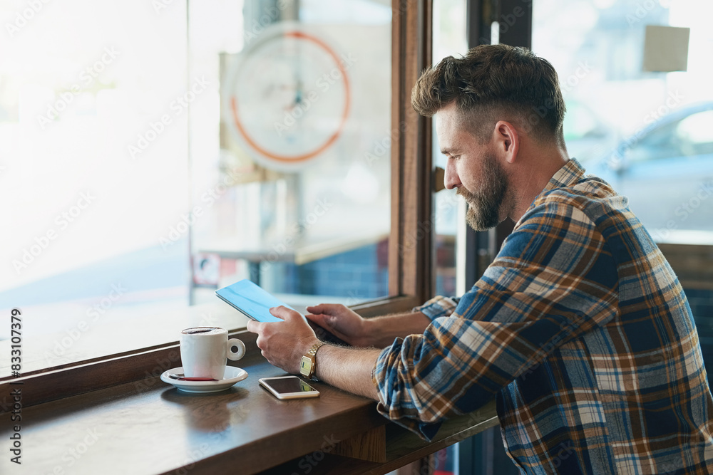 Poster working, coffee shop and man with tablet, typing or search internet with connection, thinking or soc