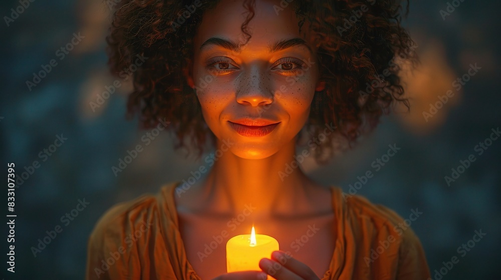 Poster woman standing confidently, her face illuminated by the warm glow of candlelight, symbolizing the guiding light of professionalism 