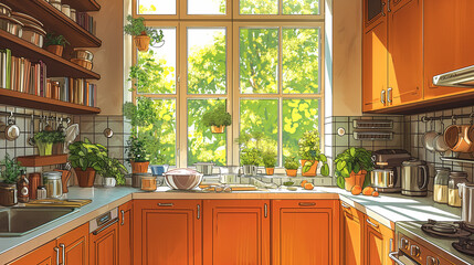 Bring your designs to life with vibrant colors and retro details in this high-quality, hand-drawn kitchen scene, ideal for adding a playful and nostalgic flair to your work.