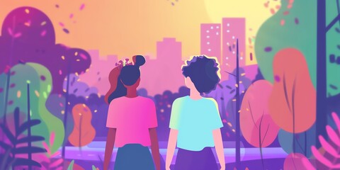 Two female friends admiring the city view during the day