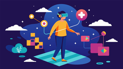 Fototapeta premium Embark on a journey through a virtual reality world and enhance your mindbody coordination by completing a series of unique mind and body puzzles.. Vector illustration