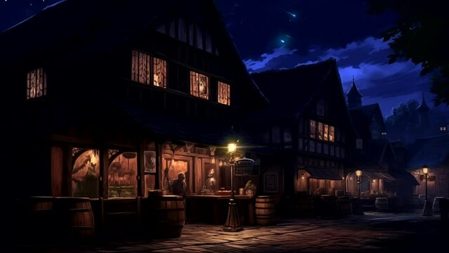 Medieval tavern exterior at night with simple lighting. Looping time-lapse animation background