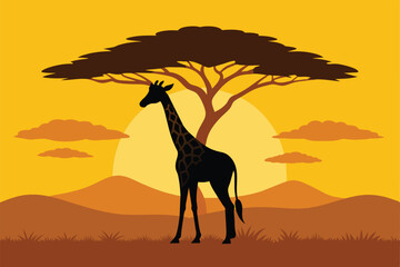 Fototapeta na wymiar Giraffe Tree Animal Savanna Landscape Africa Wildlife vector Illustration