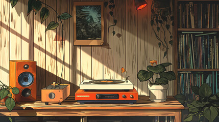 Bring your designs to life with vibrant colors and retro details in this high-quality, hand-drawn wall of living scene, ideal for adding a playful and nostalgic flair to your work.