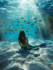 Mermaid sits on sandy ocean floor with colorful fish and swaying seaweed in serene, patterned light.