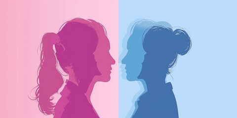 Two woman face to face in profile. One is pink and the other is blue.