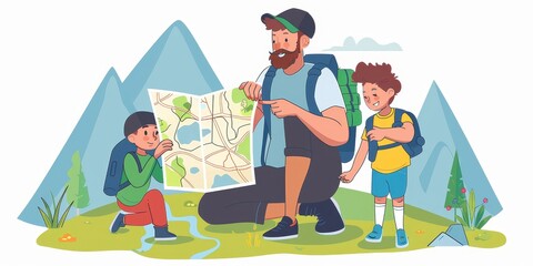 Fototapeta premium The picture shows a man and his two sons. They are hiking in the mountains. The man is looking at a map. The boys are looking at the view.
