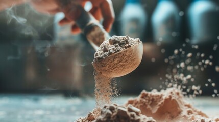 Fototapeta premium People carry protein powder, focusing on the texture and good quality of the powder.