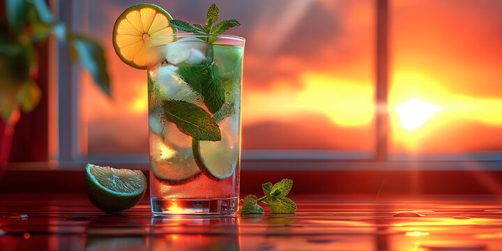 Refreshing mojito cocktail in a tall glass with ice, mint, and lime slices, placed on a wooden surface. Warm sunset background with vivid orange and red tones, creating a cozy and inviting ambiance - Powered by Adobe