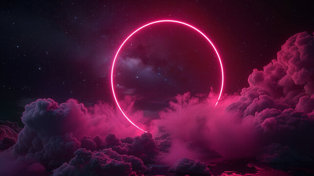 Neon crimson light ring illuminates a swirling cloud in a dark night sky, rendered in 3D,