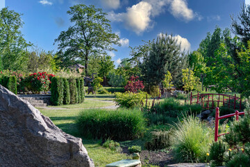 Ukraine, Sakura Island landscape park. Beuatiful  landscape in sunny day. Landscaping, Japanese style