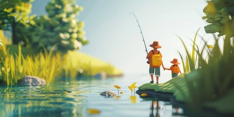 Father and son fishing at the lake.