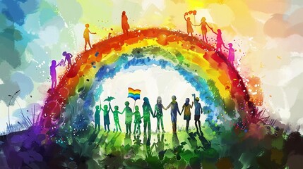 9. An artistic representation of a rainbow bridge connecting diverse families standing on either side. The bridge symbolizes unity and acceptance, with each family holding a flag or symbol that