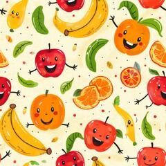 seamless pattern of cheerful dancing cartoon fruits