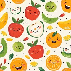 seamless pattern of cheerful dancing cartoon fruits