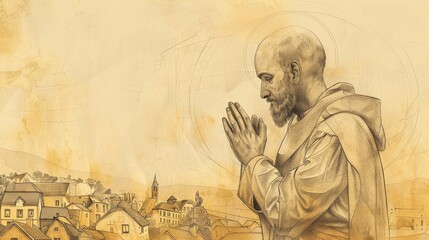Fototapeta premium St. Roch Praying in 14th-Century French Village, Biblical Illustration, Beige Background, Copyspace