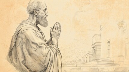 Fototapeta premium St. Simon the Apostle Praying in 1st-Century Church, Biblical Illustration, Beige Background, Copyspace