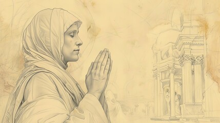 Obraz premium St. Scholastica Praying in 6th-Century Italian Monastery, Biblical Illustration, Beige Background, Copyspace