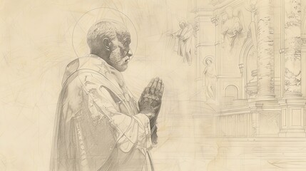 Fototapeta premium St. Leo the Great in Prayer in 5th-Century Church, Biblical Illustration, Beige Background, Copyspace