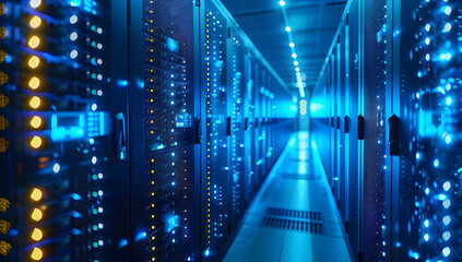 Futuristic Data Server Room with Blue Lights, Blue Lit Data Center Corridor, big server information center, SAAS and cloud computing 