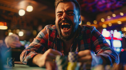 Obraz premium A Excited Man Victorious in Poker Game at Casino