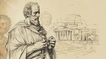 Fototapeta premium St. Peter the Apostle Holding Keys, 1st-Century Church, Biblical Illustration, Beige Background, Copyspace