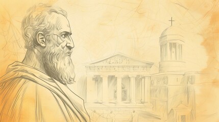 Fototapeta premium St. Polycarp of Smyrna in Martyrdom, 2nd-Century Church, Biblical Illustration, Beige Background, Copyspace