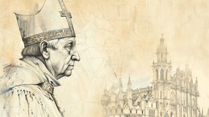 Fototapeta premium St. William of York in Bishop's Robes, 12th-Century English Cathedral, Biblical Illustration, Beige Background, Copyspace